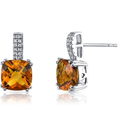 14K White Gold Citrine Earrings Cushion Checkerboard Cut 4.00 Carats