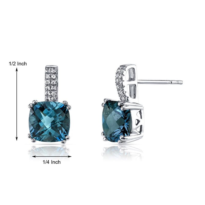 14K White Gold London Blue Topaz Earrings Cushion Checkerboard Cut 5.00 Carats