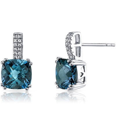 14K White Gold London Blue Topaz Earrings Cushion Checkerboard Cut 5.00 Carats