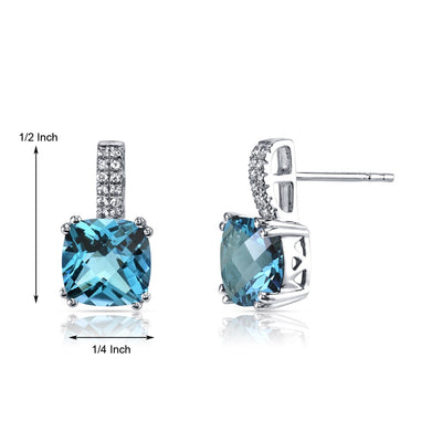 14K White Gold Swiss Blue Topaz Earrings Cushion Checkerboard Cut 5.00 Carats