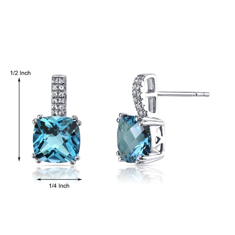 14K White Gold Swiss Blue Topaz Earrings Cushion Checkerboard Cut 5.00 Carats