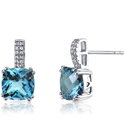 14K White Gold Swiss Blue Topaz Earrings Cushion Checkerboard Cut 5.00 Carats