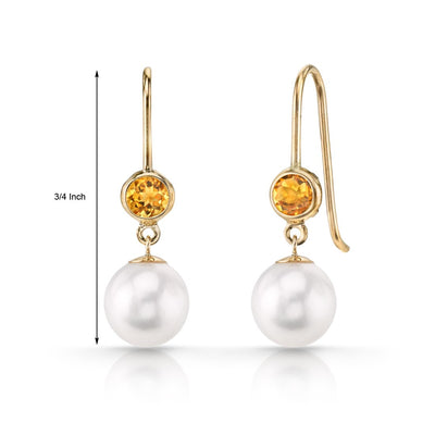 Freshwater Cultured 7mm White Pearl and Citrine Dangle Earrings 14K Yellow Gold