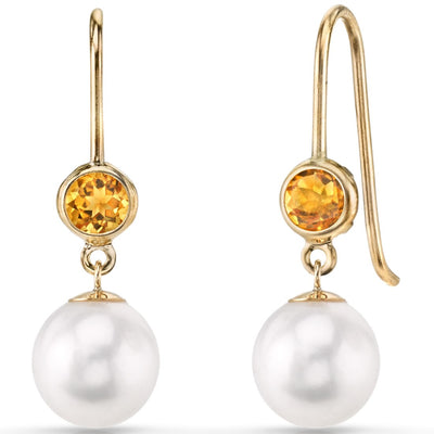 Freshwater Cultured 7mm White Pearl and Citrine Dangle Earrings 14K Yellow Gold