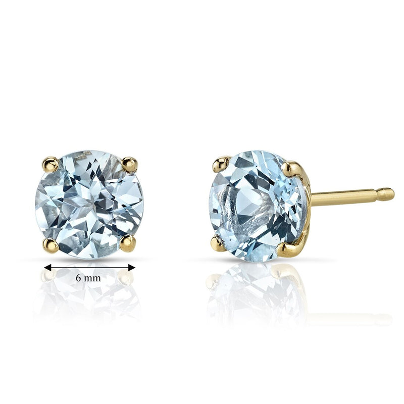 14K Yellow Gold Round Cut 1.50 Carats Aquamarine Stud Earrings