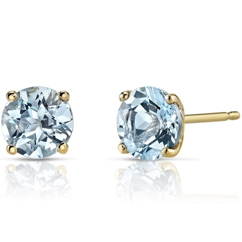 14K Yellow Gold Round Cut 1.50 Carats Aquamarine Stud Earrings