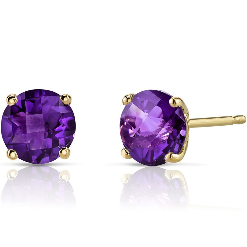 14K Yellow Gold Round Cut 1.50 Carats Amethyst Stud Earrings