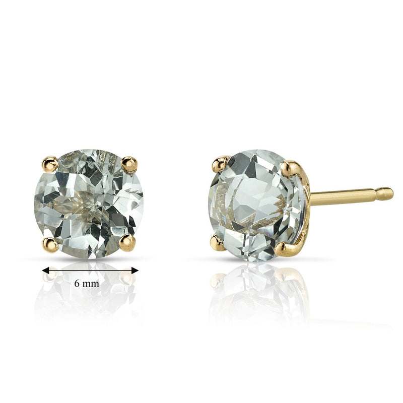 14K Yellow Gold Round Cut 1.50 Carats Green Amethyst Stud Earrings