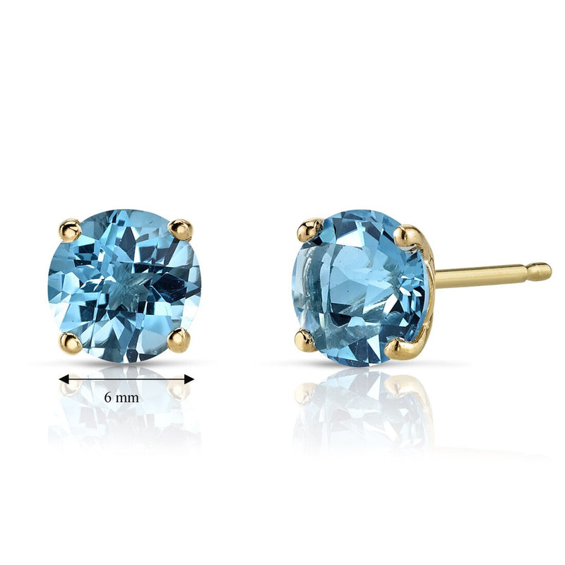 14K Yellow Gold Round Cut 2.00 Carats Swiss Blue Topaz Stud Earrings