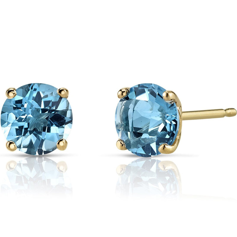 14K Yellow Gold Round Cut 2.00 Carats Swiss Blue Topaz Stud Earrings