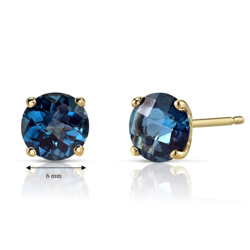 14K Yellow Gold Round Cut 2.00 Carats London Blue Topaz Stud Earrings