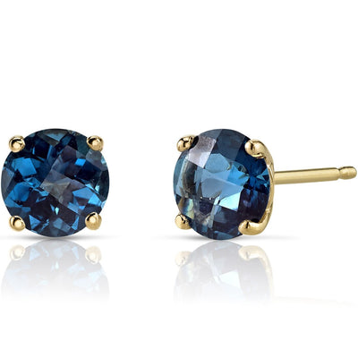 14K Yellow Gold Round Cut 2.00 Carats London Blue Topaz Stud Earrings