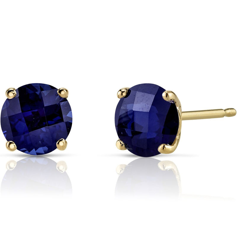 14K Yellow Gold Round Cut 2.25 Carats Created Blue Sapphire Stud Earrings