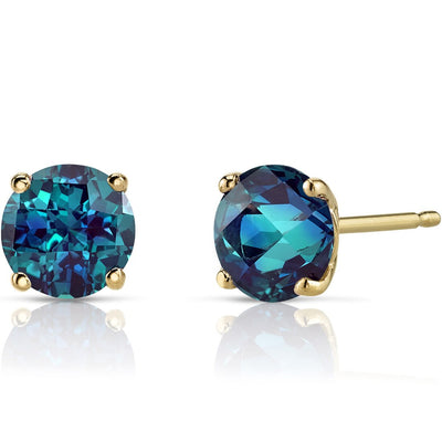 14K Yellow Gold Round Cut 2.00 Carats Created Alexandrite Stud Earrings