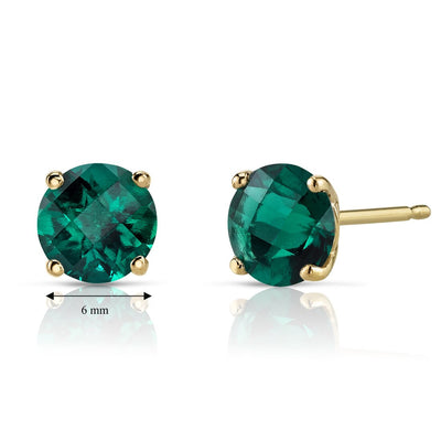 14K Yellow Gold Round Cut 1.50 Carats Created Emerald Stud Earrings