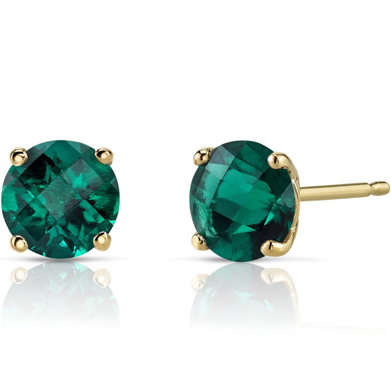 14K Yellow Gold Round Cut 1.50 Carats Created Emerald Stud Earrings