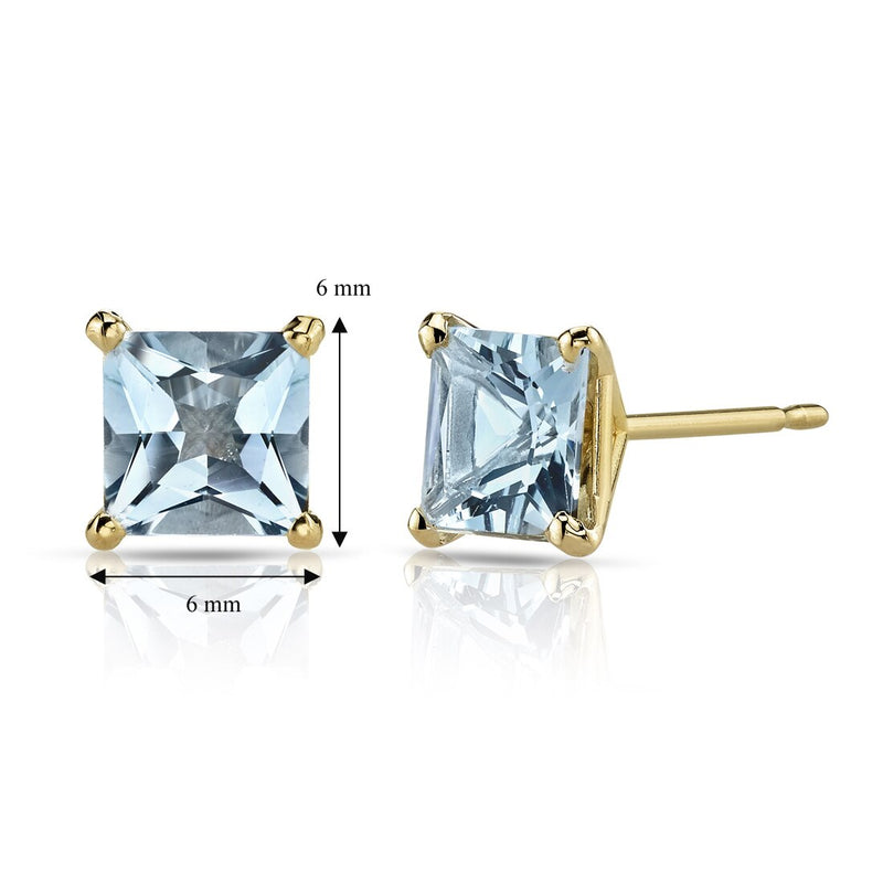 14K Yellow Gold Princess Cut 1.75 Carats Aquamarine Stud Earrings