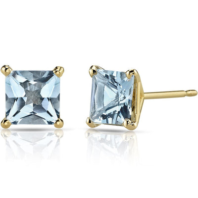 14K Yellow Gold Princess Cut 1.75 Carats Aquamarine Stud Earrings