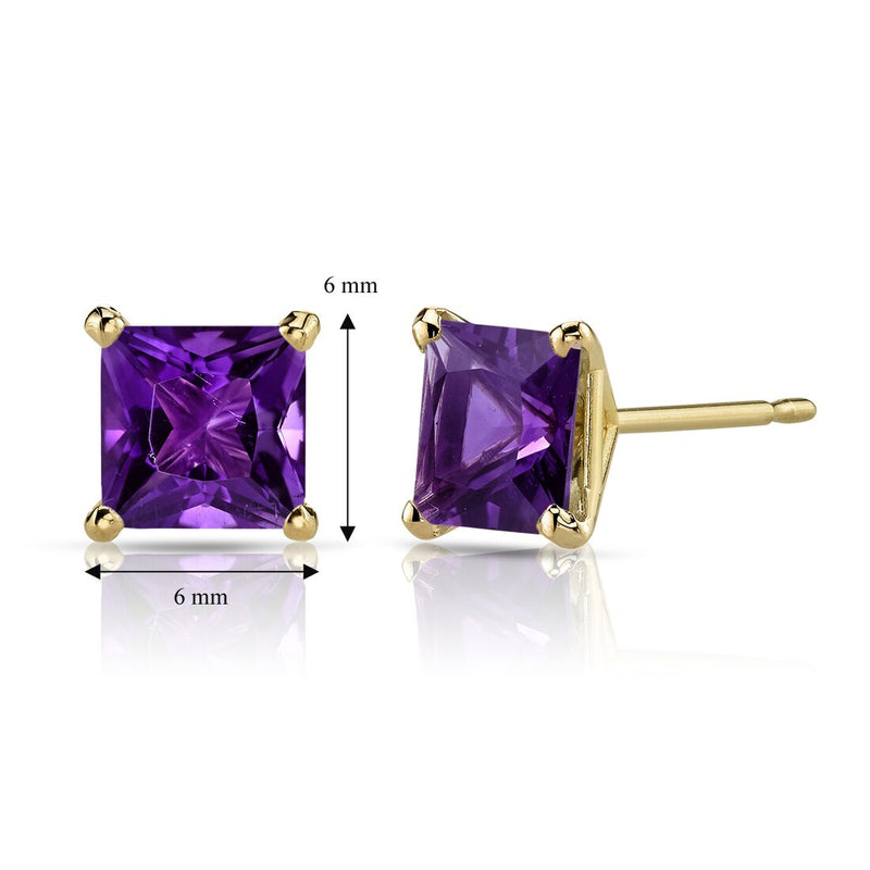 14K Yellow Gold Princess Cut 2.00 Carats Amethyst Stud Earrings