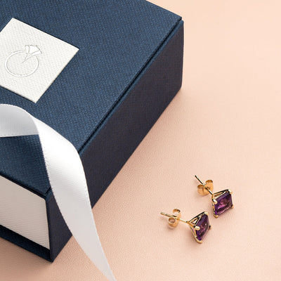 14K Yellow Gold Princess Cut 2.00 Carats Amethyst Stud Earrings