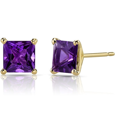 14K Yellow Gold Princess Cut 2.00 Carats Amethyst Stud Earrings