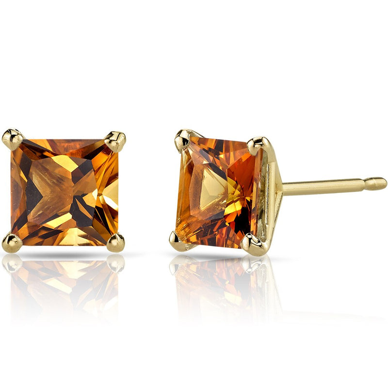 14K Yellow Gold Princess Cut 2.00 Carats Citrine Stud Earrings