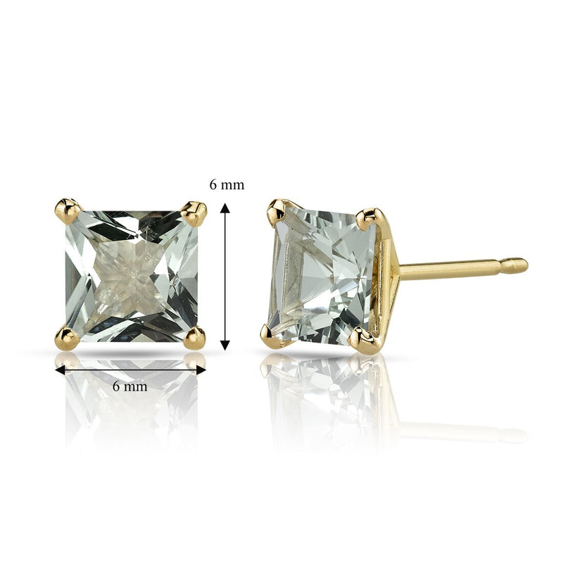 14K Yellow Gold Princess Cut 2.00 Carats Green Amethyst Stud Earrings