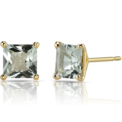 14K Yellow Gold Princess Cut 2.00 Carats Green Amethyst Stud Earrings