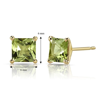 14K Yellow Gold Princess Cut 2.00 Carats Peridot Stud Earrings