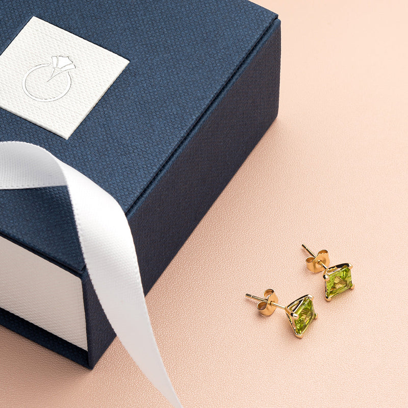 14K Yellow Gold Princess Cut 2.00 Carats Peridot Stud Earrings