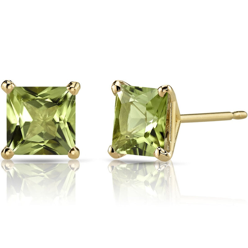 14K Yellow Gold Princess Cut 2.00 Carats Peridot Stud Earrings