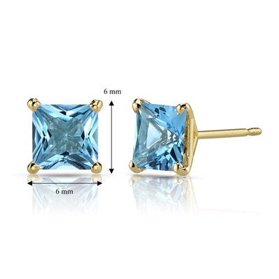 14K Yellow Gold Princess Cut 2.50 Carats Swiss Blue Topaz Stud Earrings