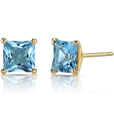 14K Yellow Gold Princess Cut 2.50 Carats Swiss Blue Topaz Stud Earrings