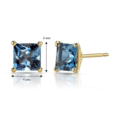 14K Yellow Gold Princess Cut 2.50 Carats London Blue Topaz Stud Earrings