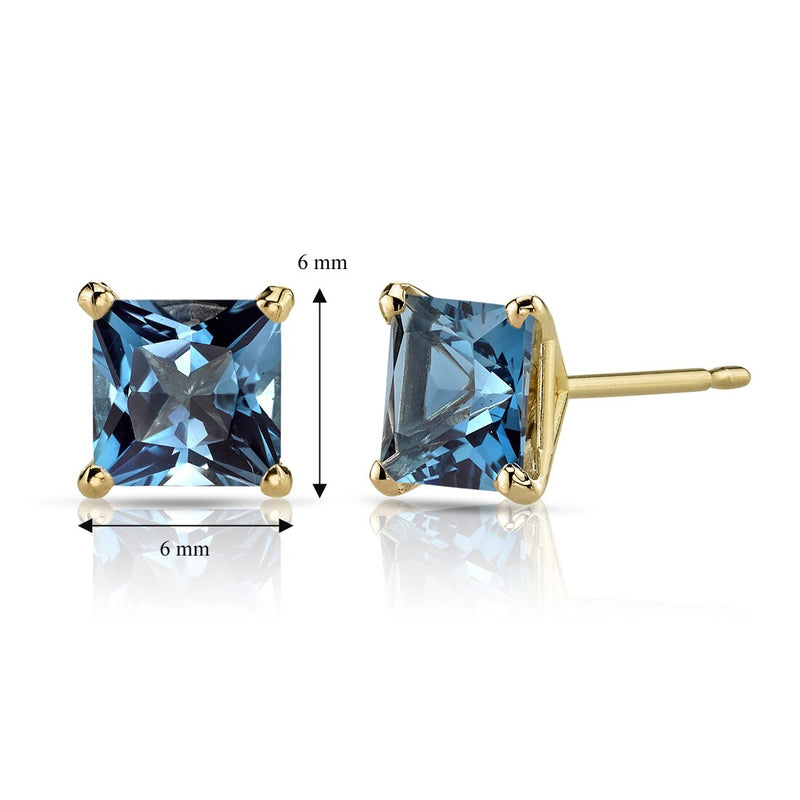 14K Yellow Gold Princess Cut 2.50 Carats London Blue Topaz Stud Earrings