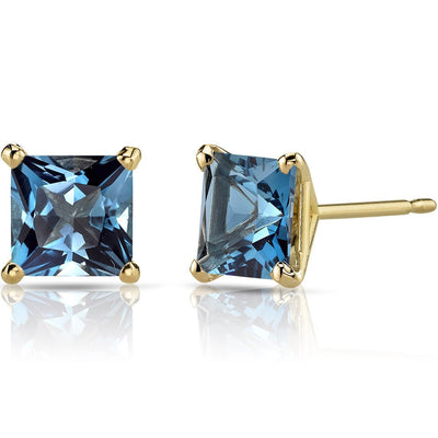 14K Yellow Gold Princess Cut 2.50 Carats London Blue Topaz Stud Earrings