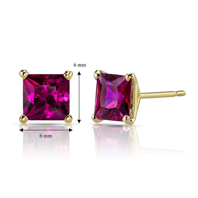 14K Yellow Gold Princess Cut 3.00 Carats Created Ruby Stud Earrings