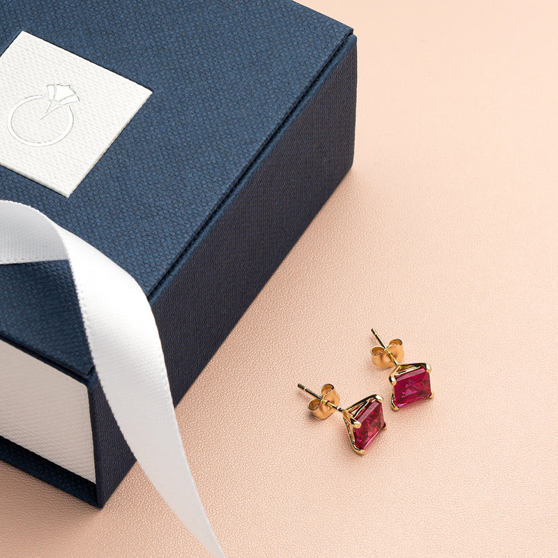 14K Yellow Gold Princess Cut 3.00 Carats Created Ruby Stud Earrings