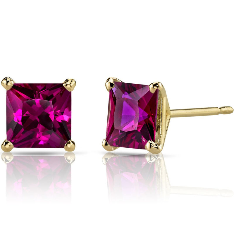 14K Yellow Gold Princess Cut 3.00 Carats Created Ruby Stud Earrings