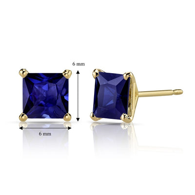 14K Yellow Gold Princess Cut 2.75 Carats Created Blue Sapphire Stud Earrings