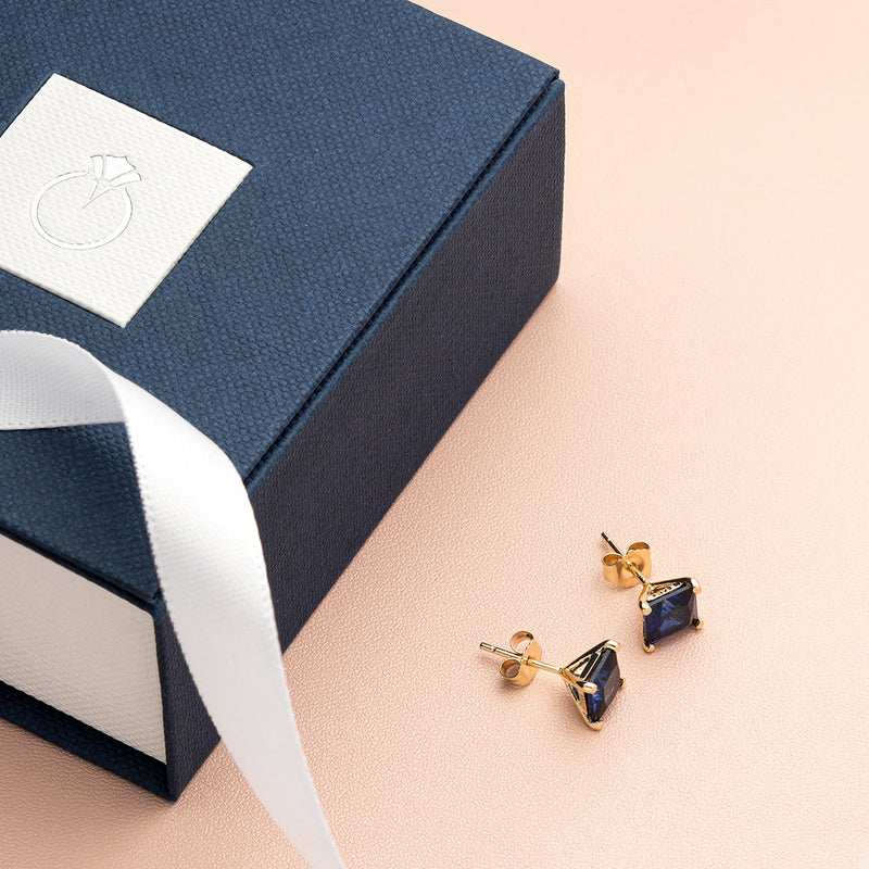 14K Yellow Gold Princess Cut 2.75 Carats Created Blue Sapphire Stud Earrings