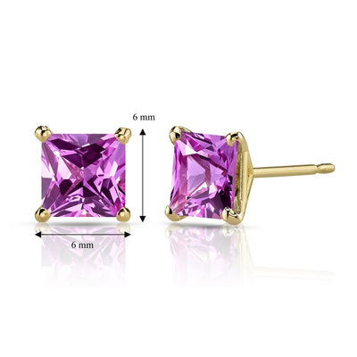 14K Yellow Gold Princess Cut 3.00 Carats Created Pink Sapphire Stud Earrings