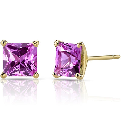 14K Yellow Gold Princess Cut 3.00 Carats Created Pink Sapphire Stud Earrings