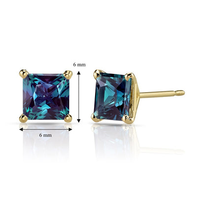 14K Yellow Gold Princess Cut 2.50 Carats Created Alexandrite Stud Earrings