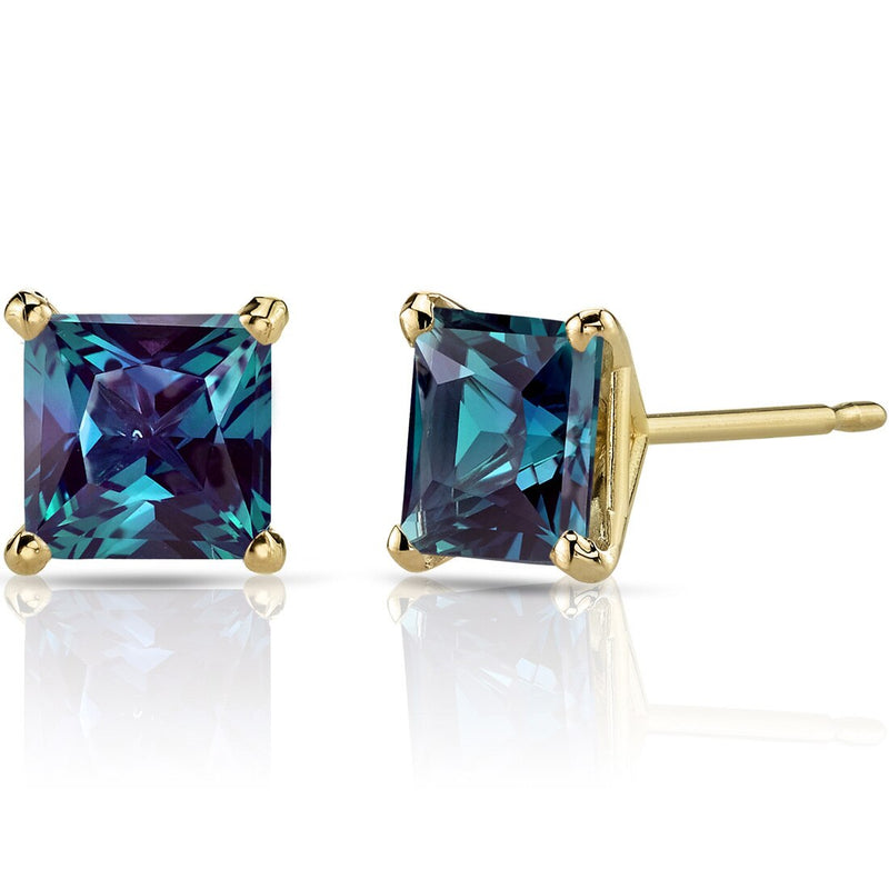 14K Yellow Gold Princess Cut 2.50 Carats Created Alexandrite Stud Earrings