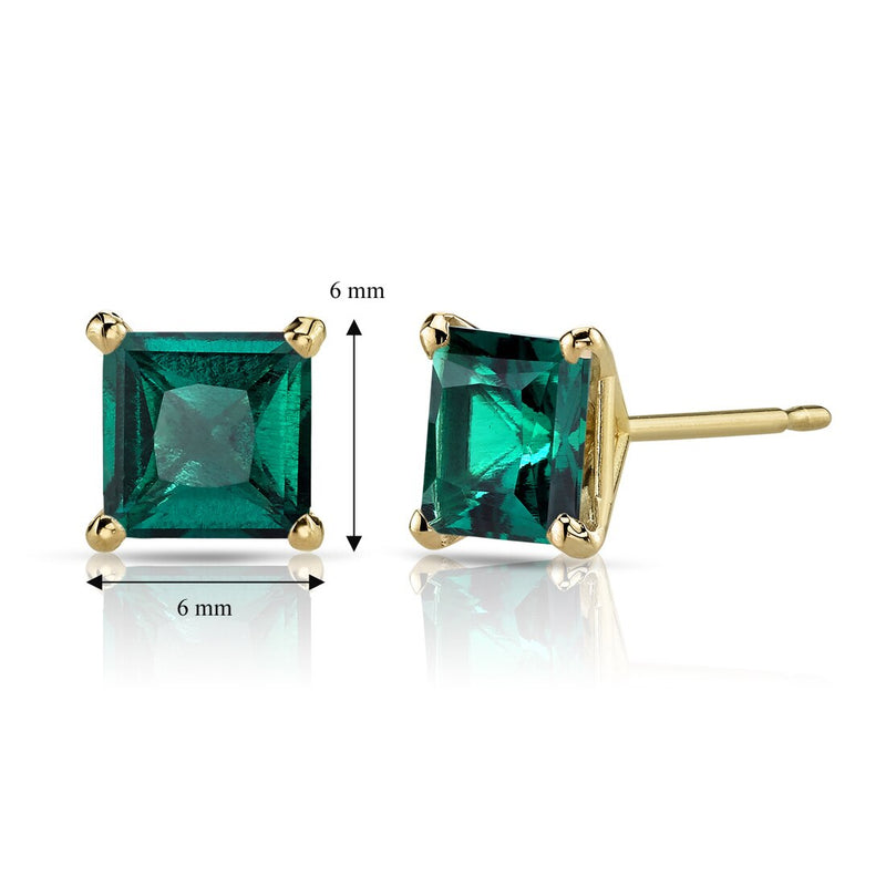 14K Yellow Gold Princess Cut 2.00 Carats Created Emerald Stud Earrings