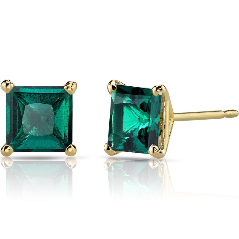 14K Yellow Gold Princess Cut 2.00 Carats Created Emerald Stud Earrings