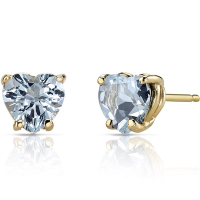 14K Yellow Gold Heart Shape 1.50 Carats Aquamarine Stud Earrings