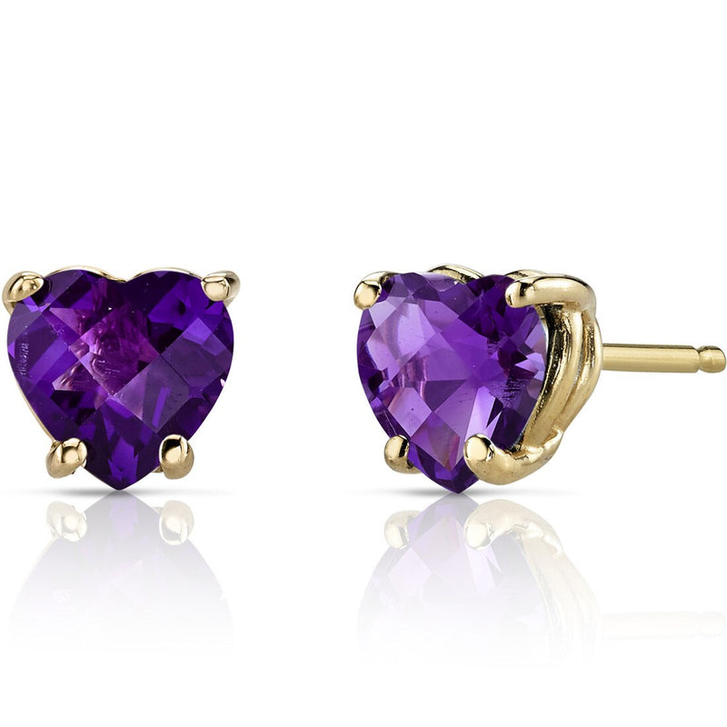 14K Yellow Gold Heart Shape 1.50 Carats Amethyst Stud Earrings