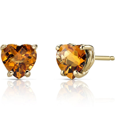 14K Yellow Gold Heart Shape 1.50 Carats Citrine Stud Earrings